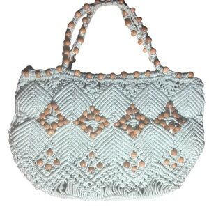 Free People Small Tote Handcrafted Light Turquoise Beaded Macrame Bag Knit Bag
